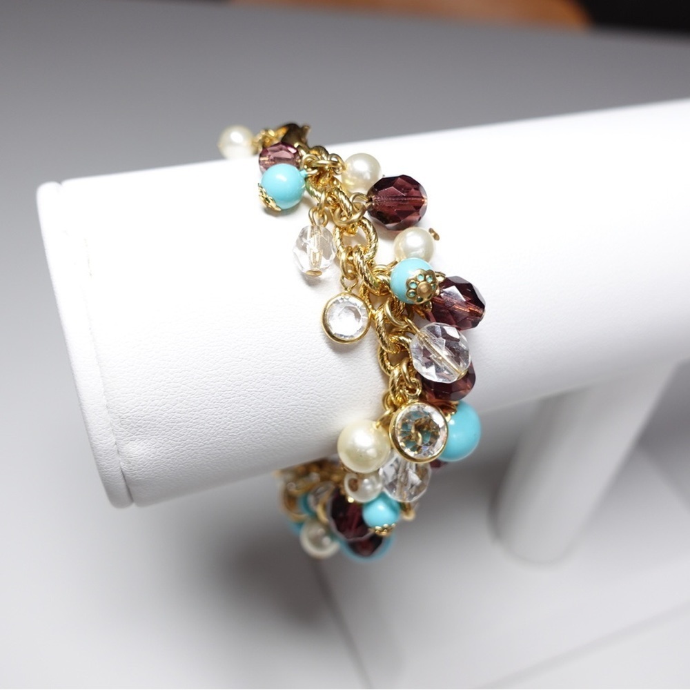 Unbranded Gold Tone Beaded Charm Dangle Bracelet Faceted Beads Faux Pearls